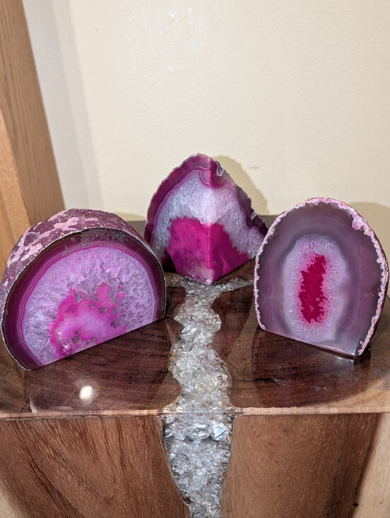 Brazilian Agate Other - Agate Geode Sections Set of 3 Bright Pink